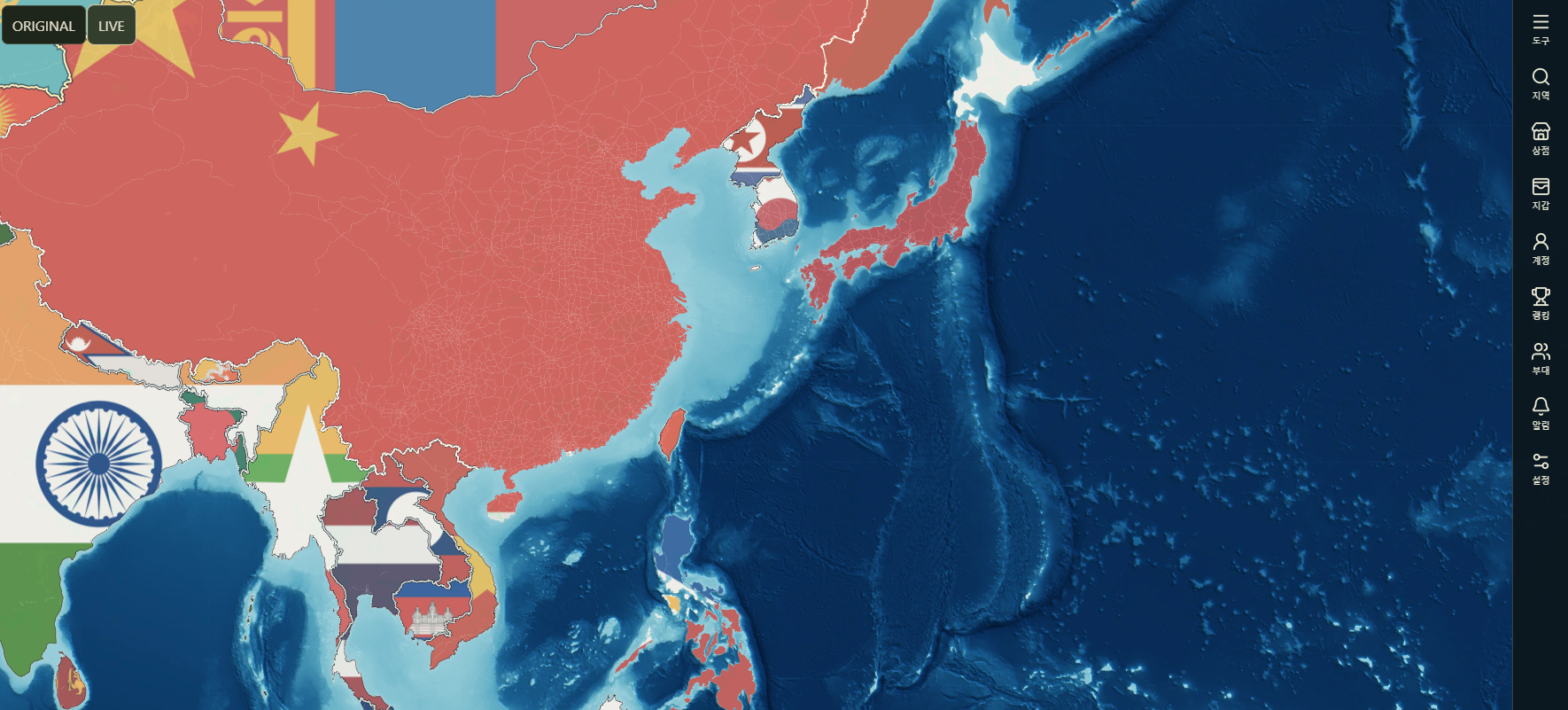 Actual Pixel War world map showing country flags across East Asia and surrounding regions